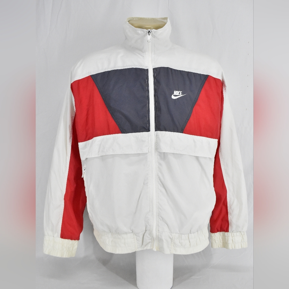 Vintage 90's Nike Full Zip Windbreaker Jacket,Color: White-Red,Size:M